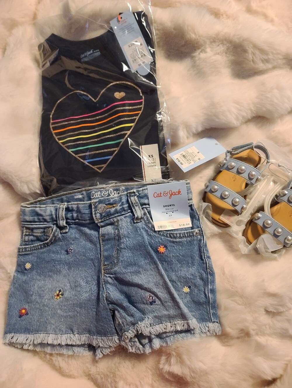 Cat & Jack Girls Outfit Embroidered Girls Jean Shorts, Heart t-shirt and Sandals